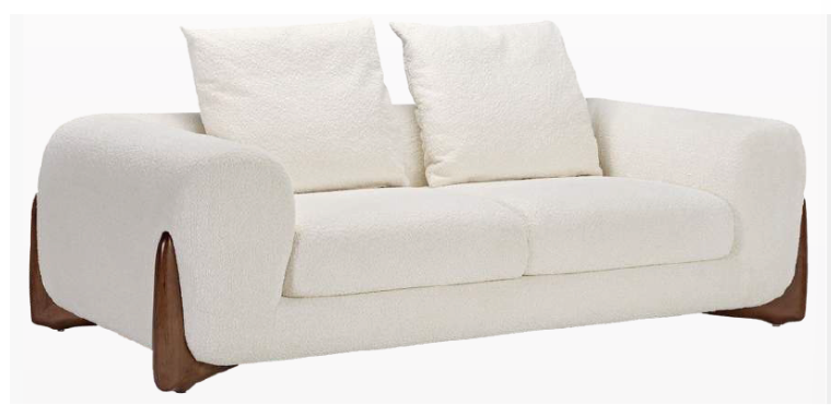 Cream Bouclé Wood-Framed Loveseat.